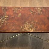Neoclassical style brass coffee table with lacquered top depicting chinoiserie scenes, attributed to Maison Jansen