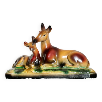 Vintage doe sculpture signed Angelo Biagoni - statue of doe and her fawn - plaster sculpture