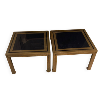 Paire de tables d'appoint Romeo Rega en laiton et verre fumé, Italie 1970