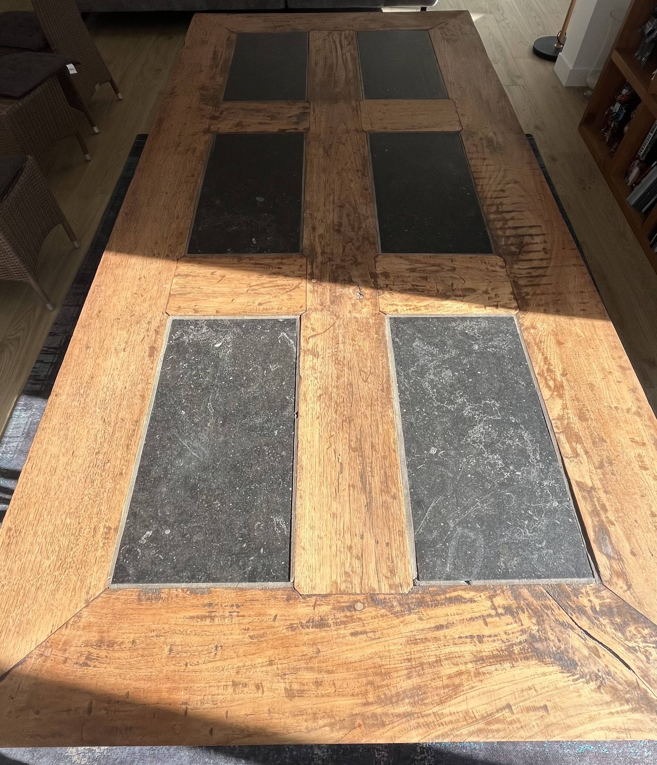 Teak table with blue stones