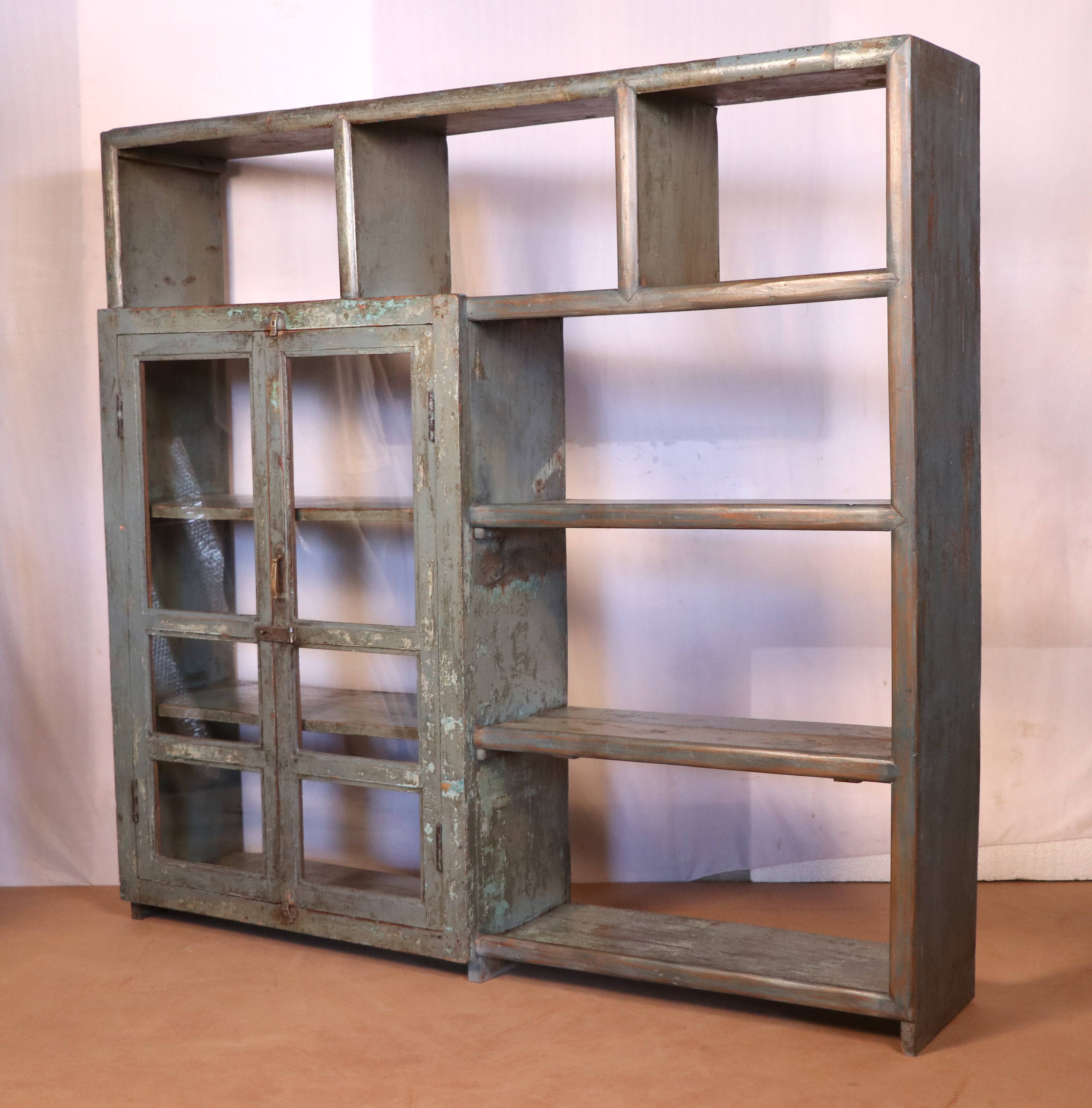 Old shelf, shopkeeper's bookcase in original Burmese teak with blue-gray patina