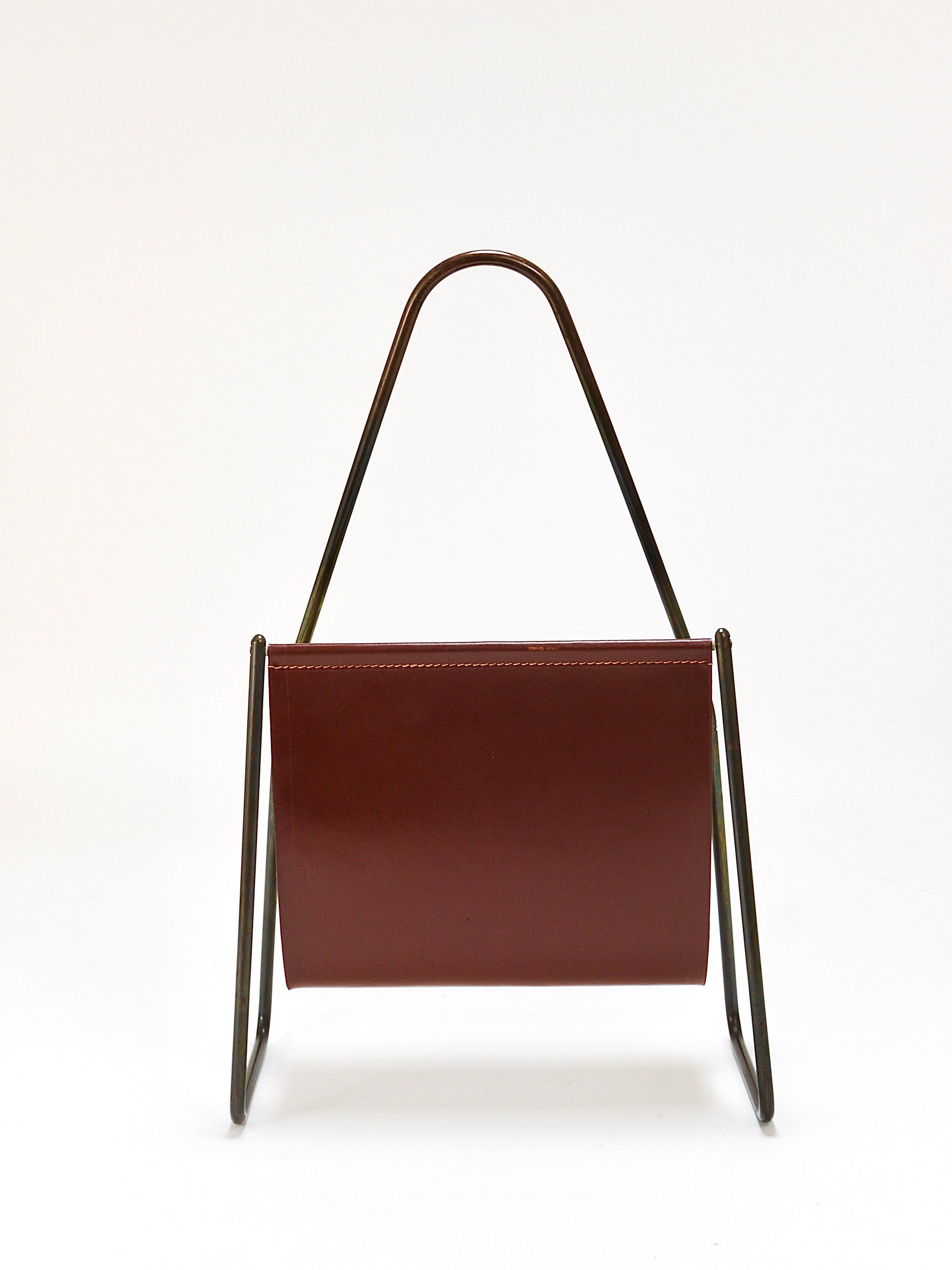 Carl Auböck II Magazine rack Midcentury, brass and brown leather, vintage, Austria