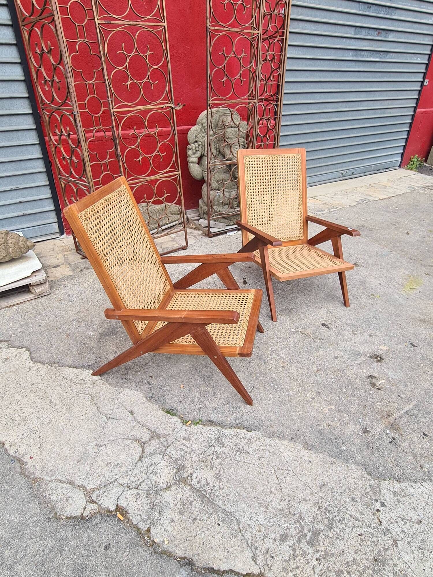 Pair of compass foot armchairs in solid mahogany and cannage 50s