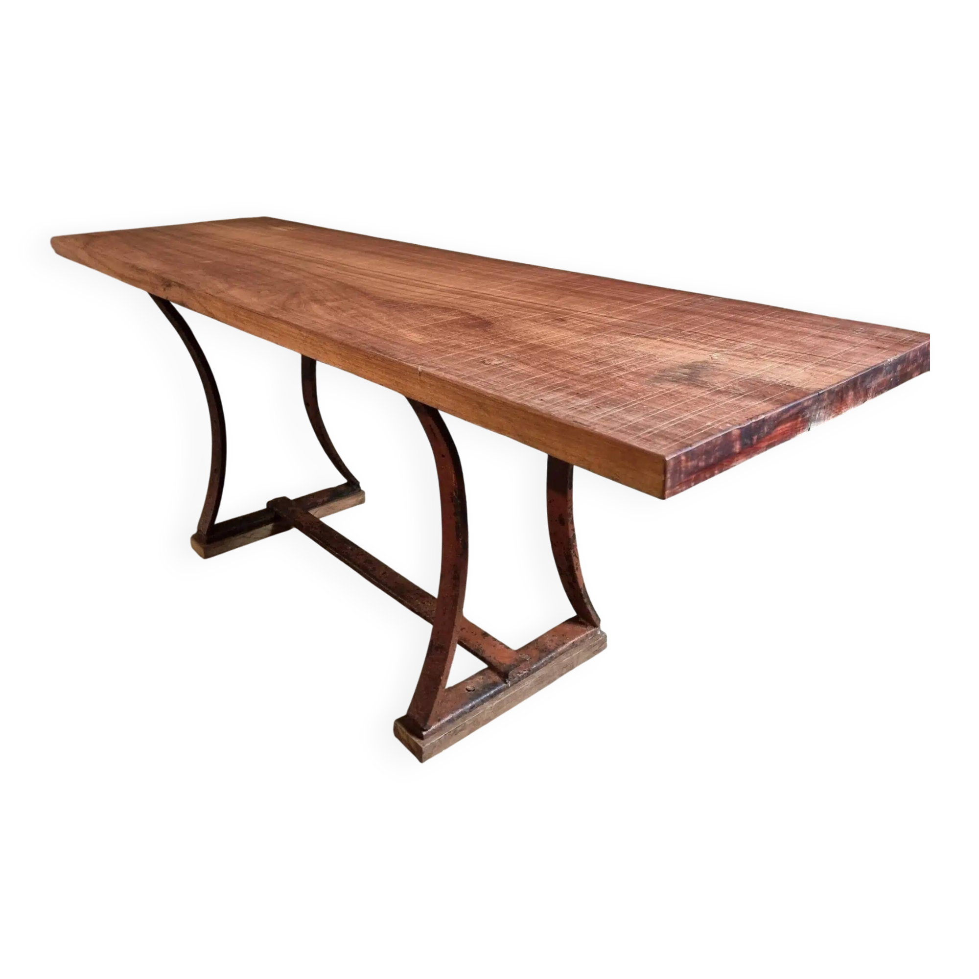 Vintage industrial table – Iron base and solid wood top (201 cm)