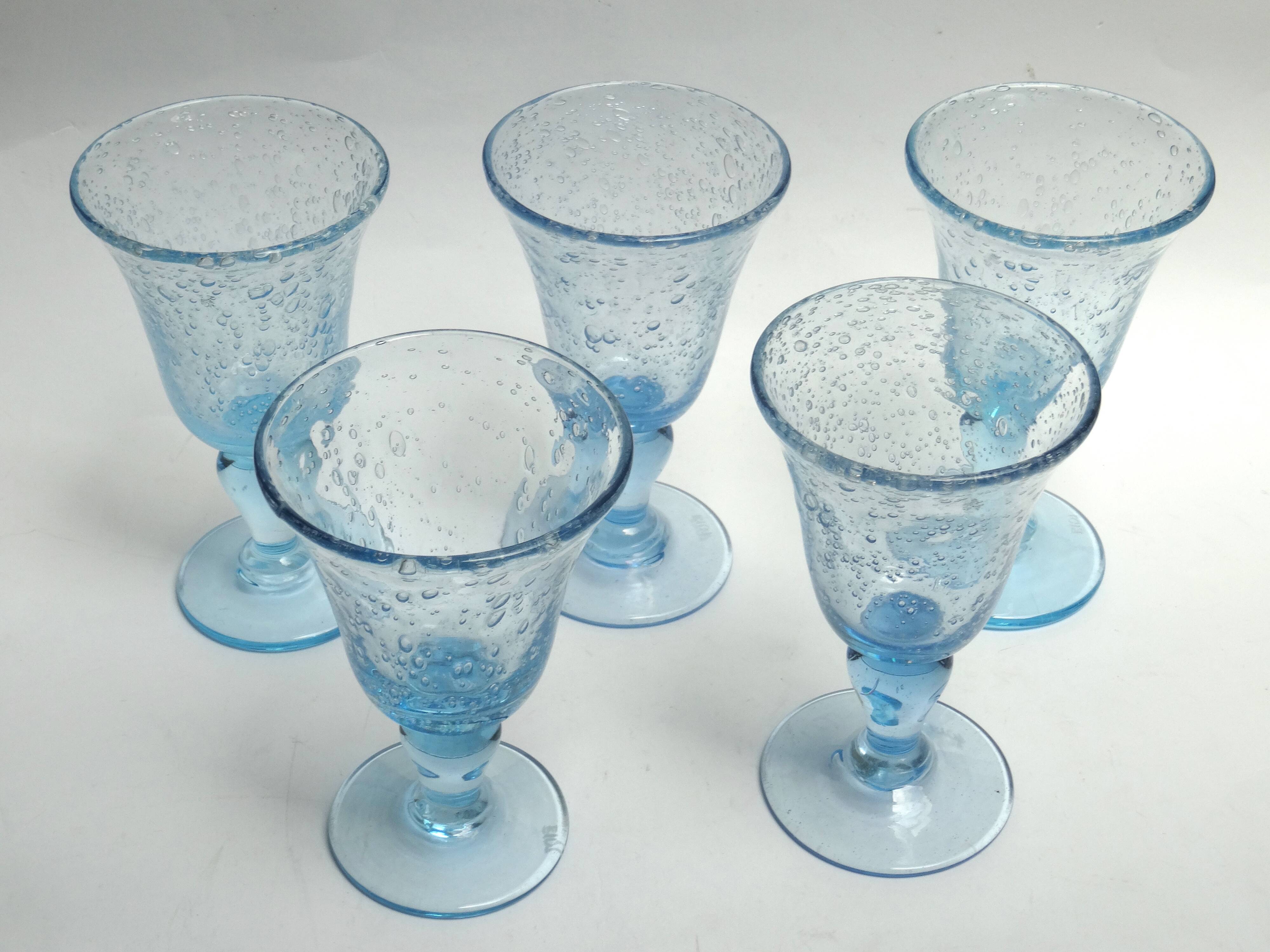 5 glasses with blue Biot stemmed