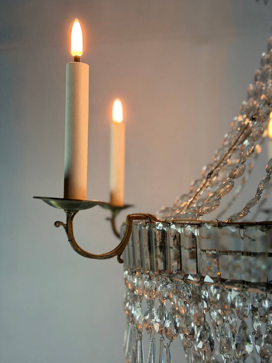 Beaded bag chandelier, six lights, circa 1800