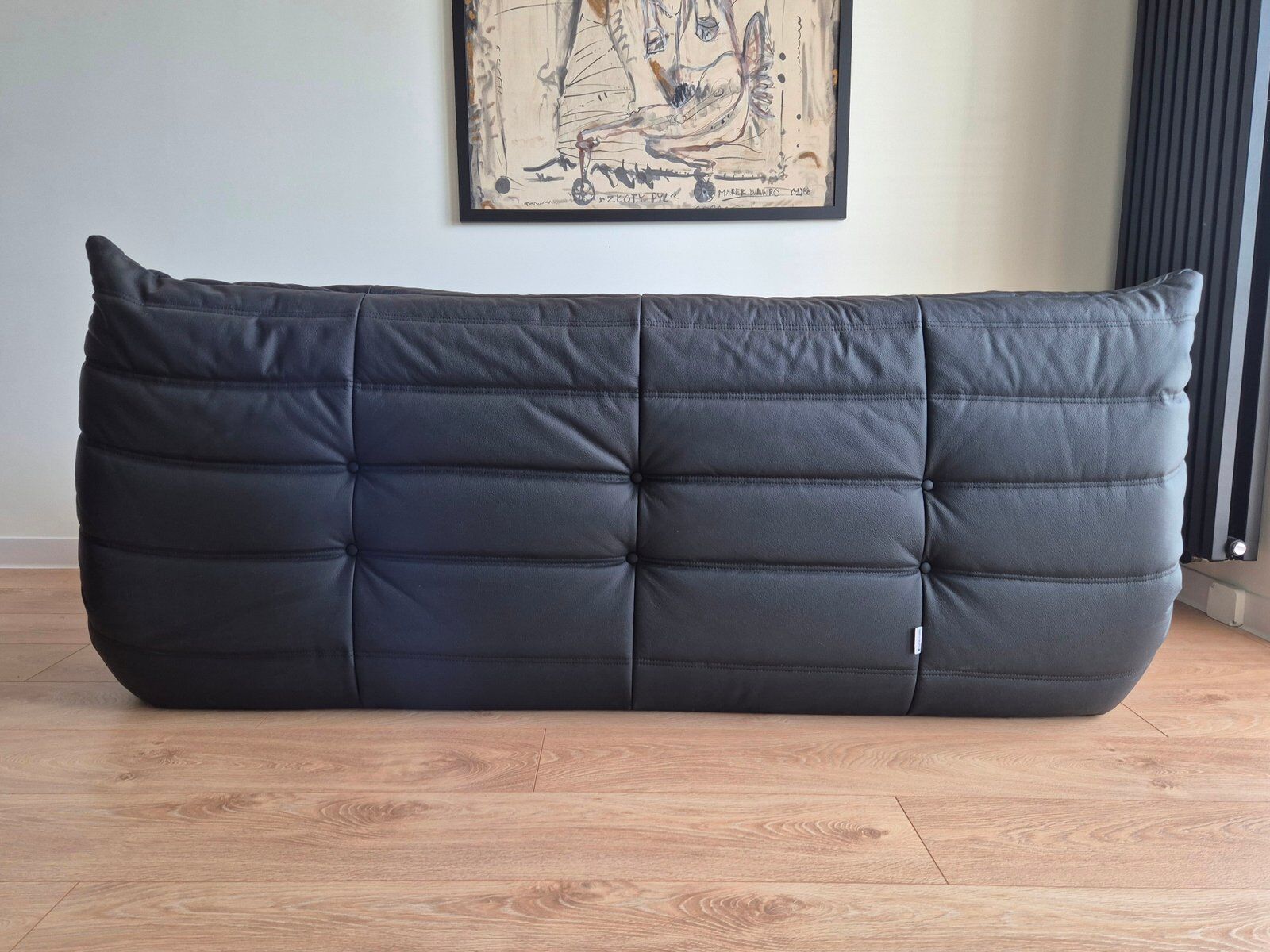 Togo sofa with pouf in black leather by Michel Ducaroy for Ligne Roset, set of 2