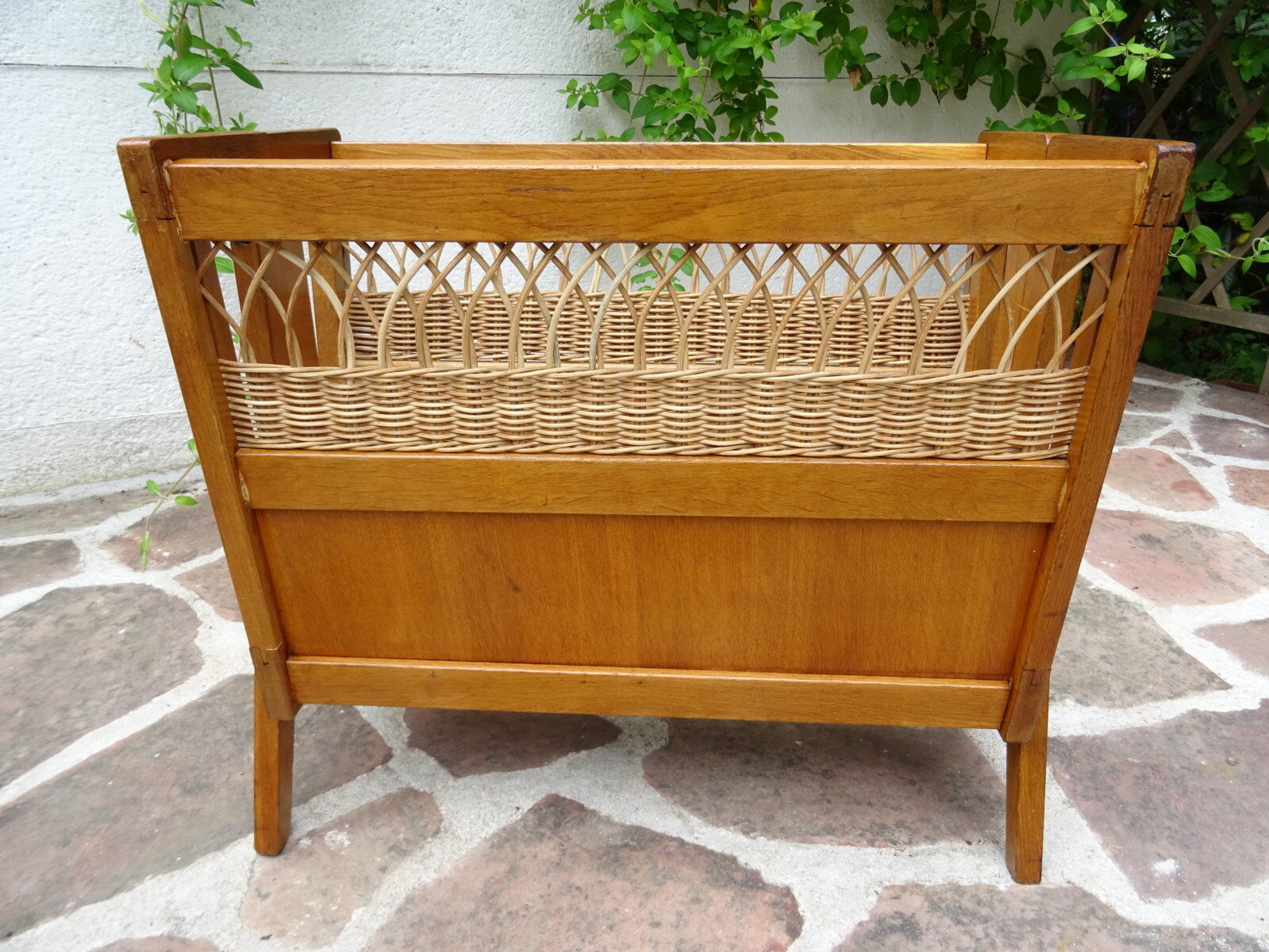 Oak and rattan magazine rack