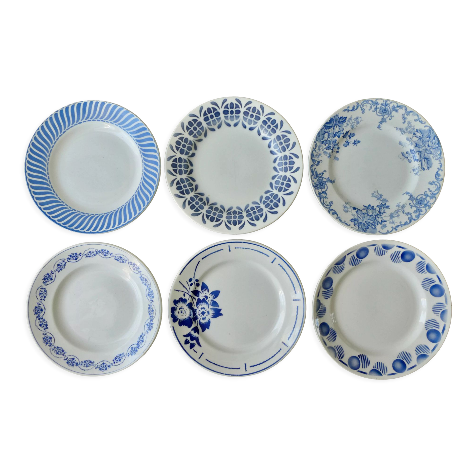 6 flat plates, blue décor, 23 cm