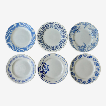 6 flat plates, blue décor, 23 cm