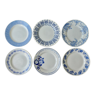 6 assiettes plates, décor bleu, 23 cm