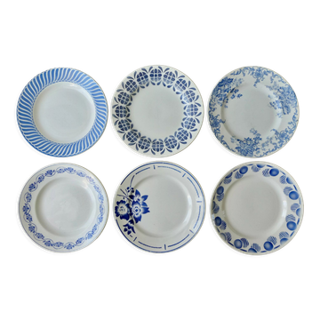 6 flat plates, blue decor, 23 cm