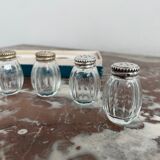 Set of 4 salerons, Christofle goldsmithery, solid silver, pressed molded glass