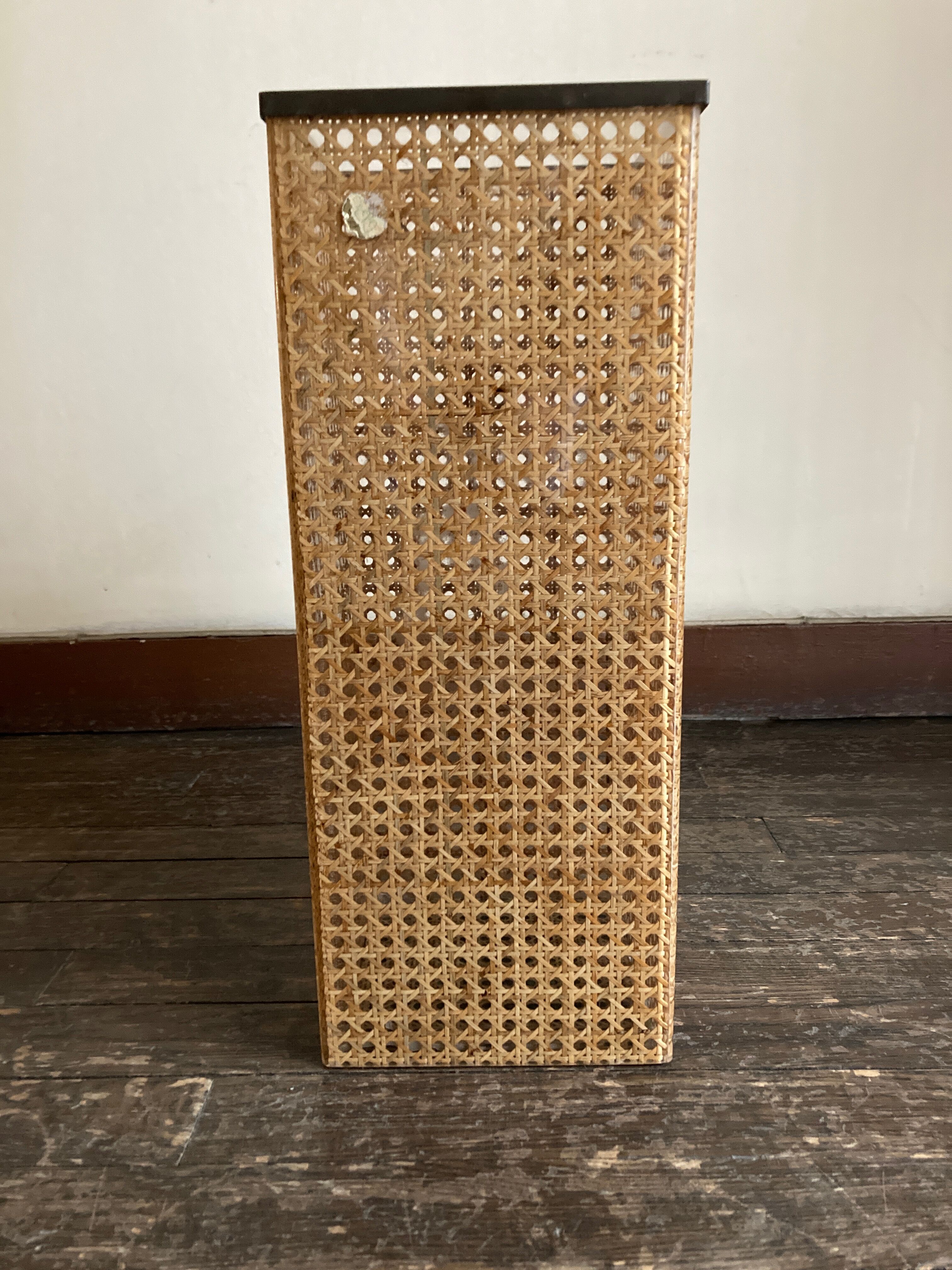 1970 wicker and plexiglass wastebasket