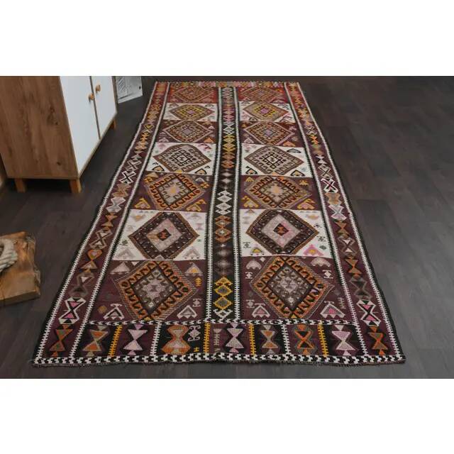 1970s Vintage Turkish Oushak Handmade Wool Cotton Brown Runner Rug 135x300