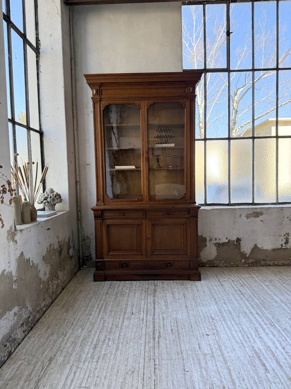 Antique XL Napoleonic oak glass bookcase, 19th century