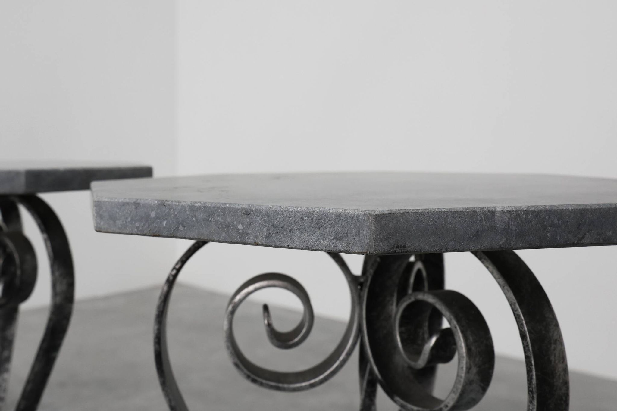 Pair of French Wrought Iron Consoles with Belgian Blue Stone Tops, 1950s