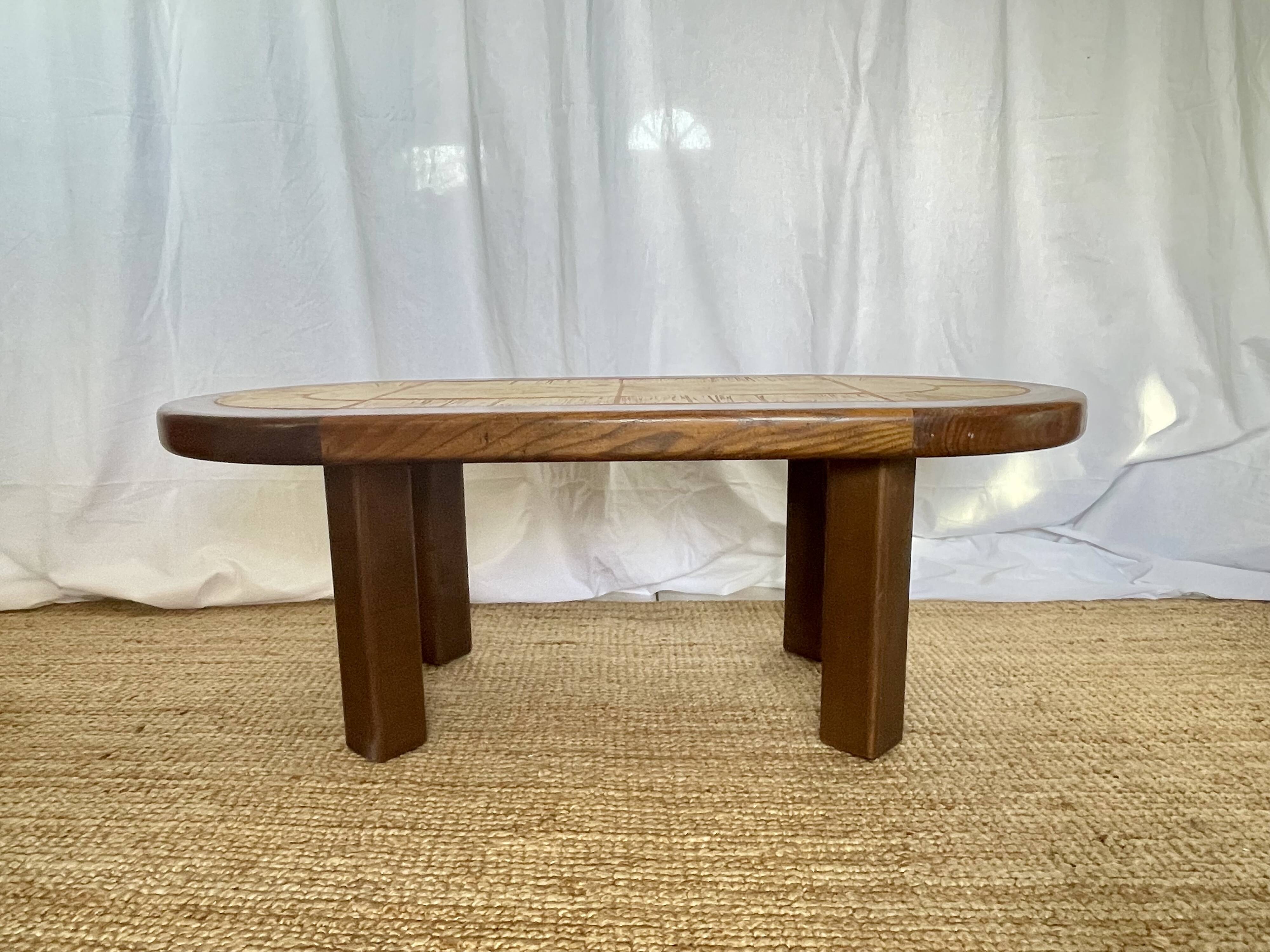 Ceramic and solid wood herbarium coffee table, signed