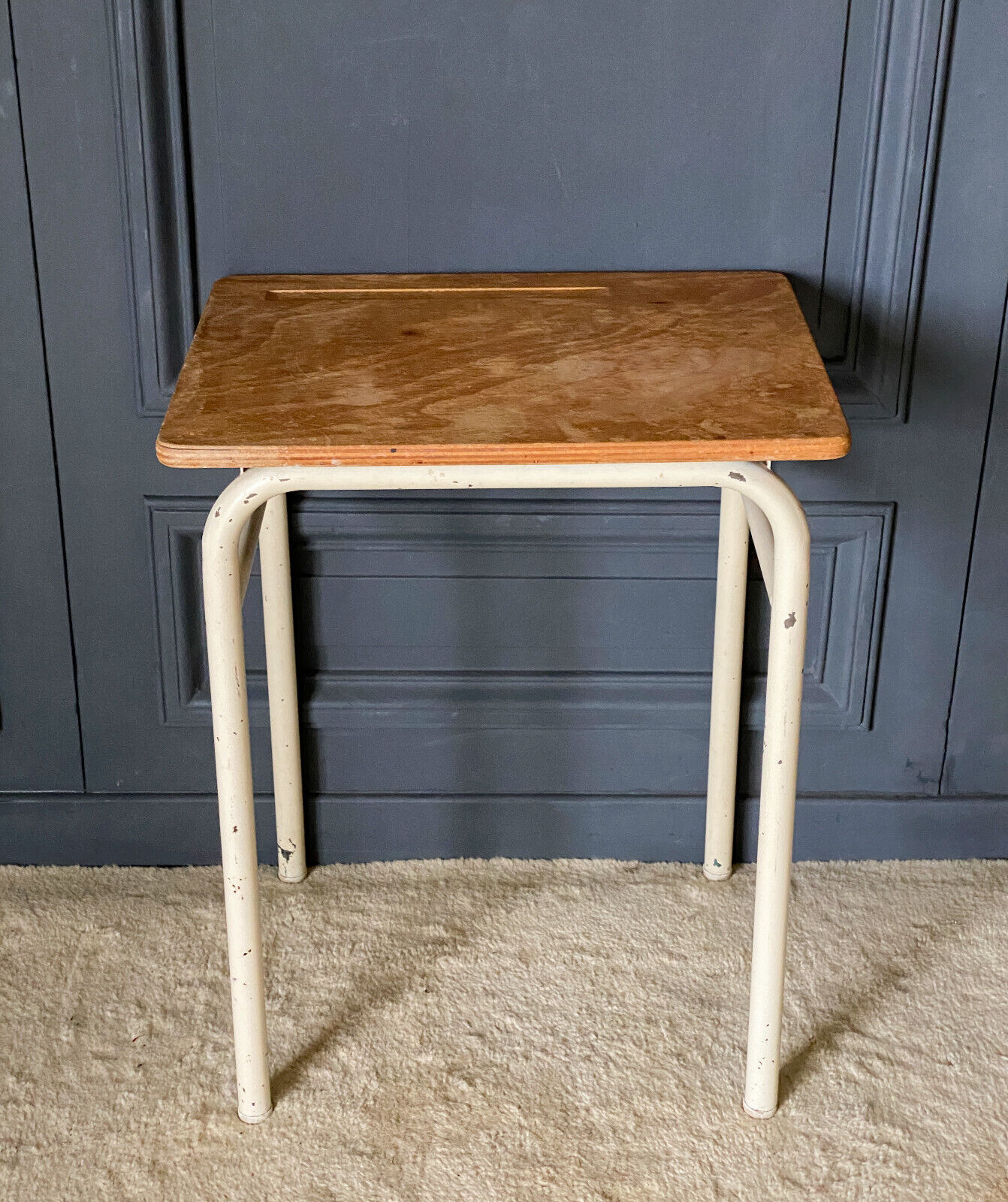 School desk 1960 white lacquered metal wooden top