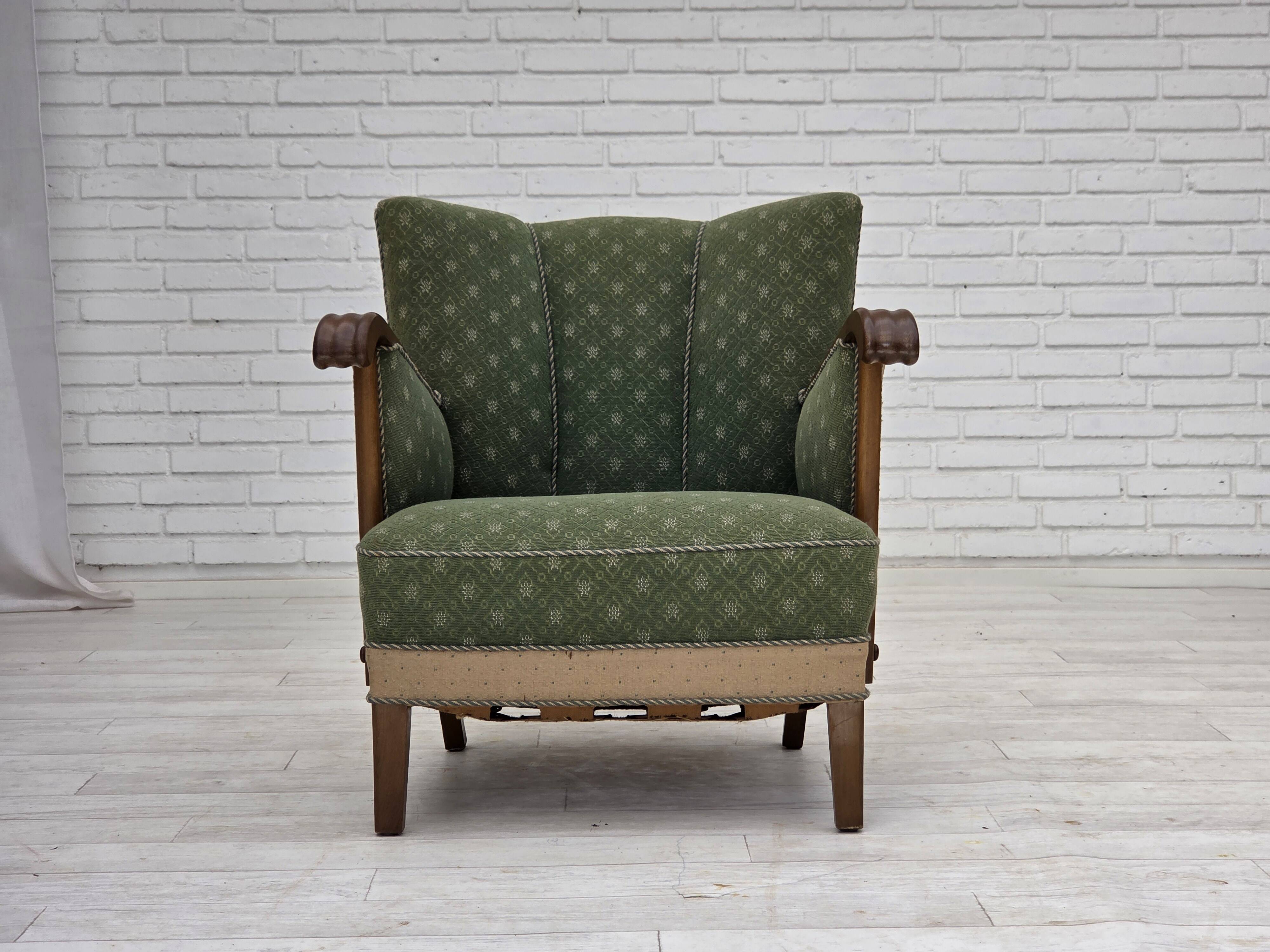 1950s, Danish armchair, original green/beige furniture wool, oak wood.