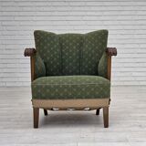 Fauteuil danois des années 1950, mobilier d'origine vert/beige en laine, bois de chêne.