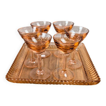 Plateau Portieux rose + 6 verres assortis