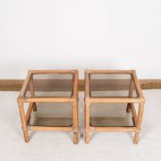 Pair of bedside tables or side tables, in rattan and smoked glass