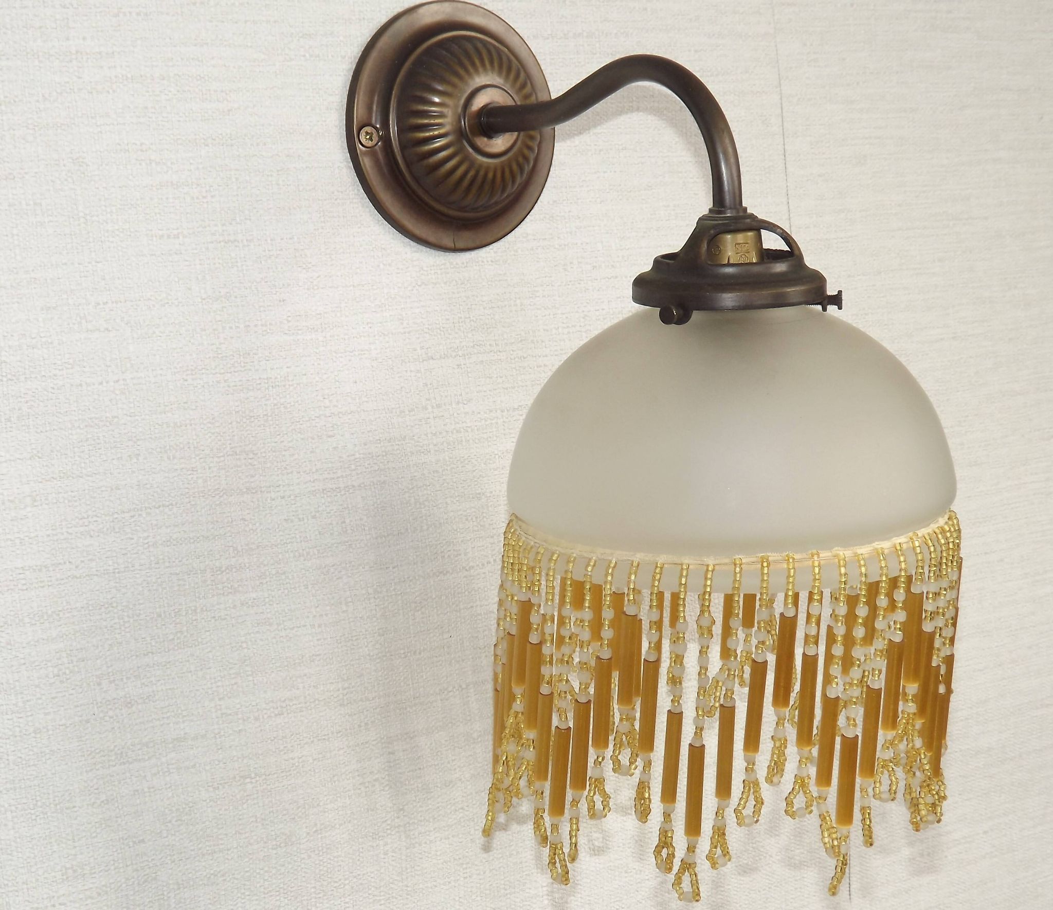 French Vintage Bronze Effect Single Wall Light Opaque Beaded Glass Shade