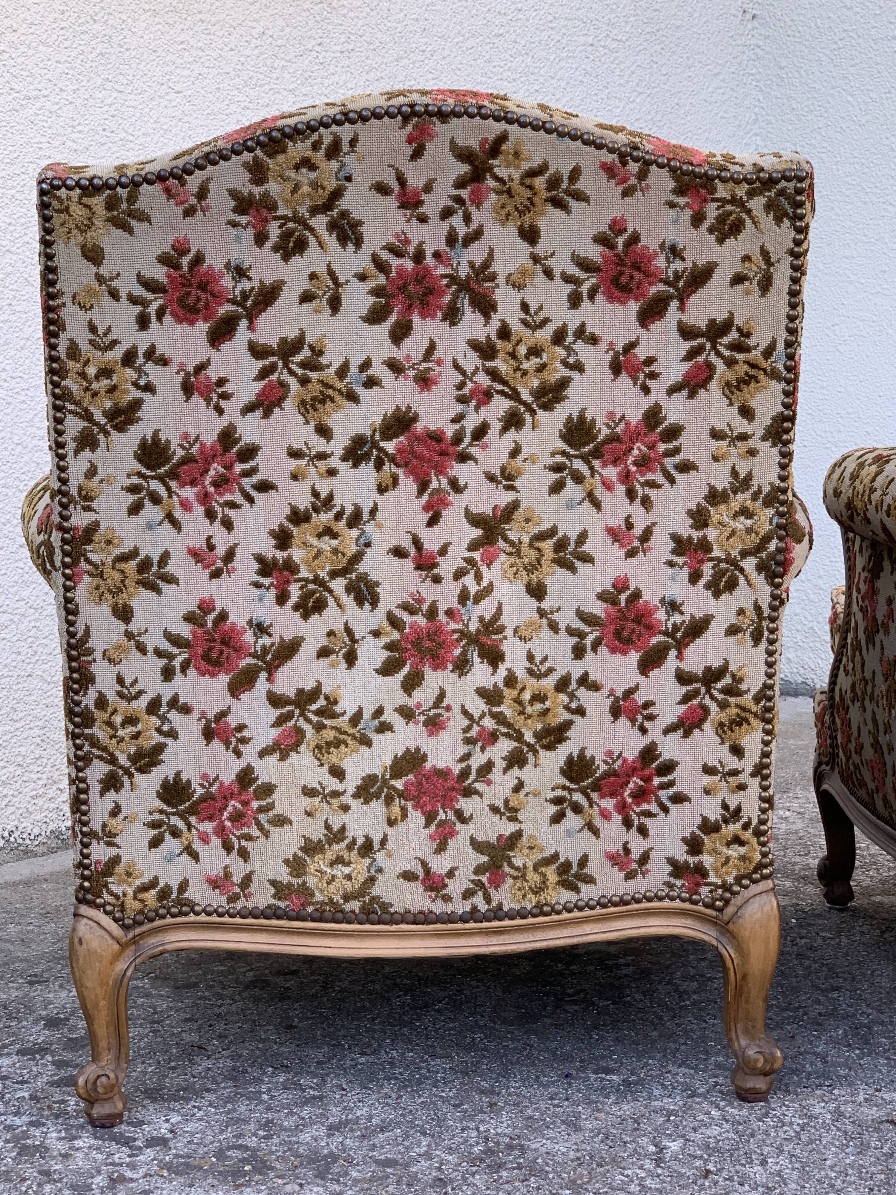 Old shepherdess armchairs louis XV style flocked fabric flower