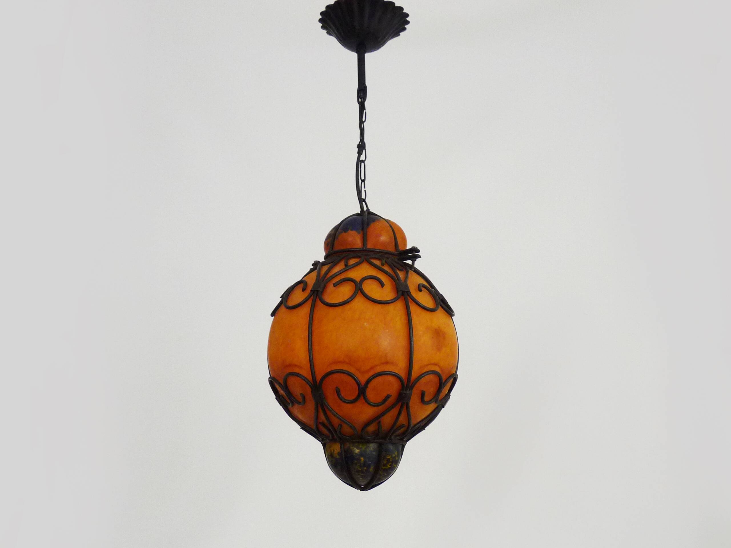 Venetian cage lantern suspension in orange and blue glass paste. Venetian lantern