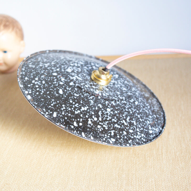 Walkway with lampshade speckled enamelled sheet metal