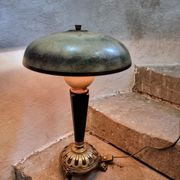 Lampe de table art déco vintage – cuivre, laiton et bakélite – abat-jour champignon – années 1920