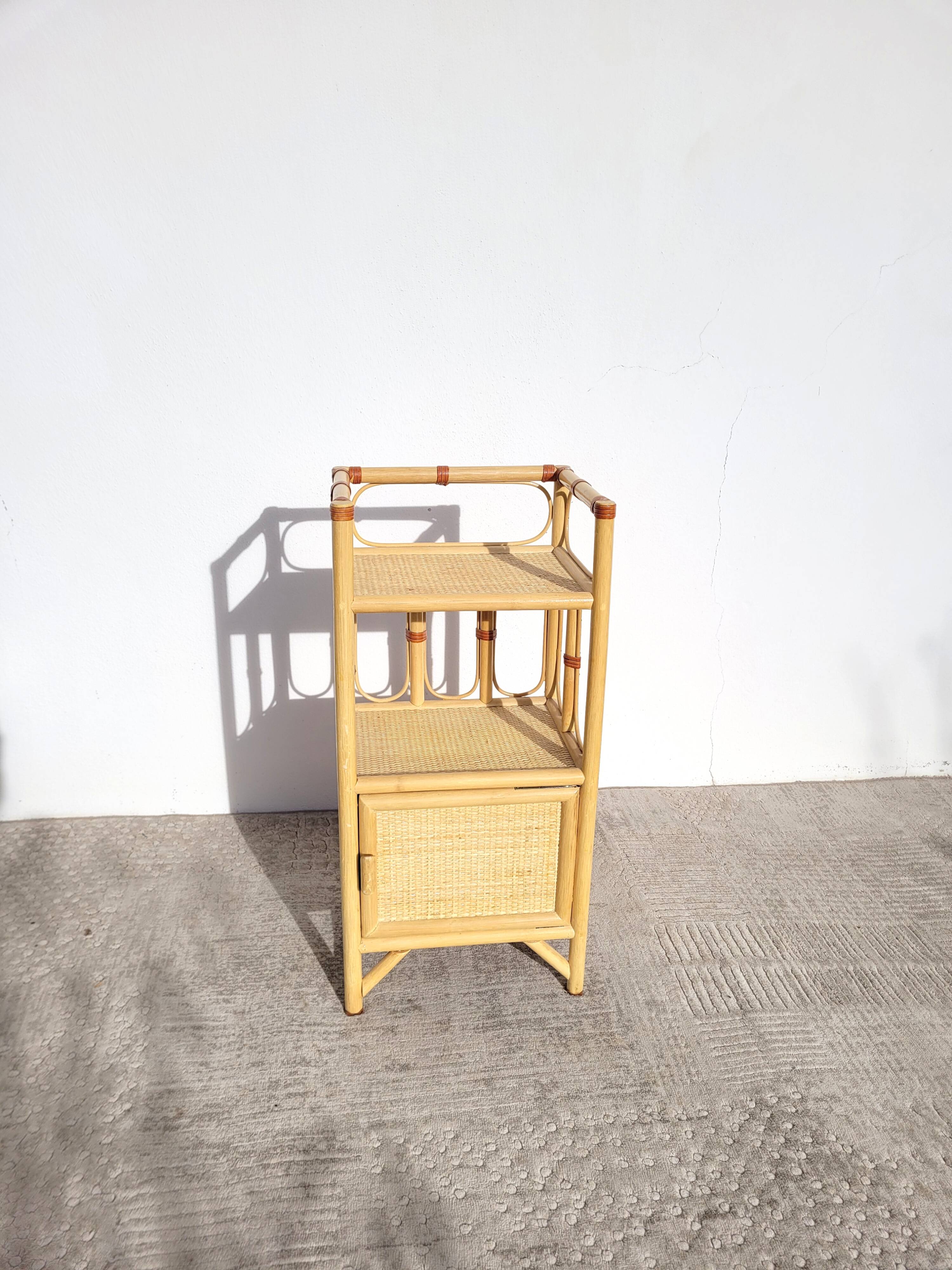 Small vintage rattan shelf bedside table