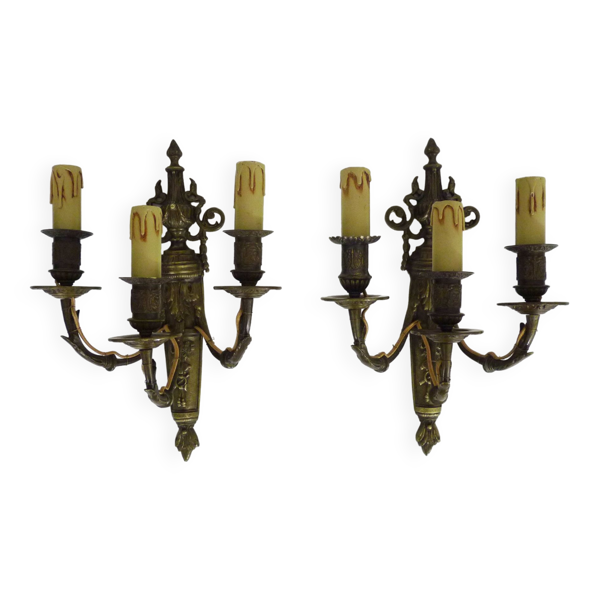 Magnificent Pair of Bronze Sconces with Louis XV Style Fire Pots. 1930s