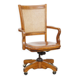 Vintage Leather Office Chair with Wood and Woven Cane Backrest on Castors
