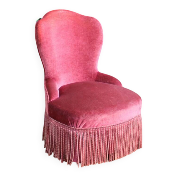 Fauteuil crapaud vintage en velours rose à franges – petit fauteuil boudoir