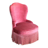 Vintage pink velvet fringed armchair – small boudoir chair