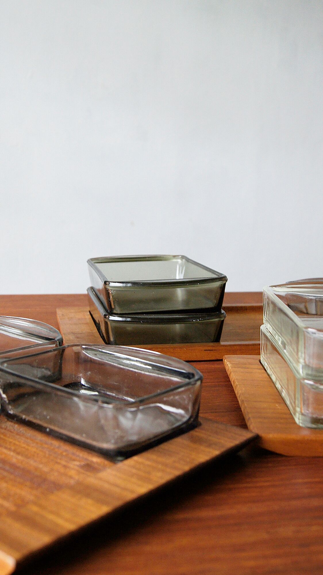 Danish modern serving set teak tray with glass bowls