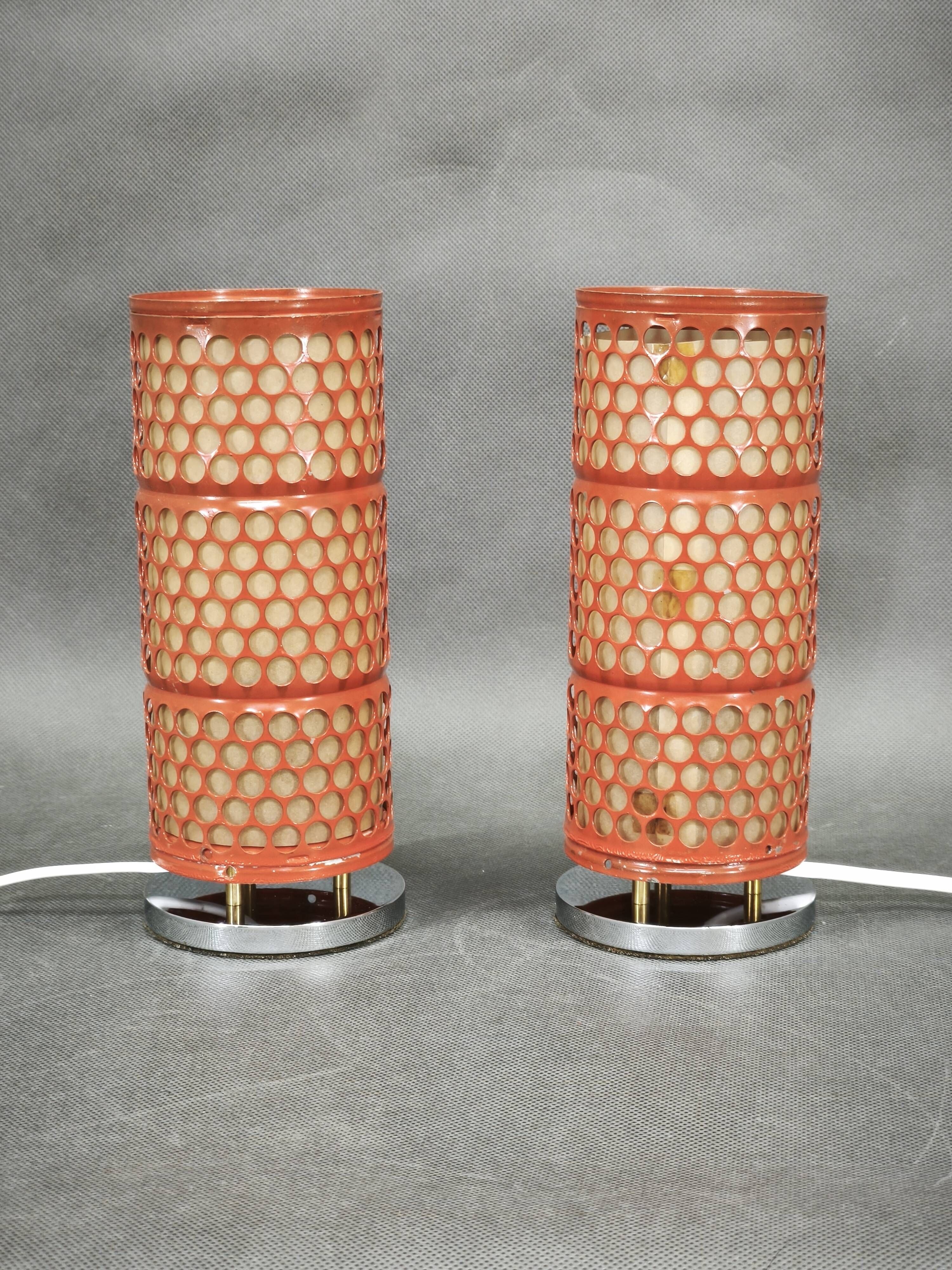 Pair of Red Perforated Metal Space Age Table Lamps, Czechoslovakia, 1970s