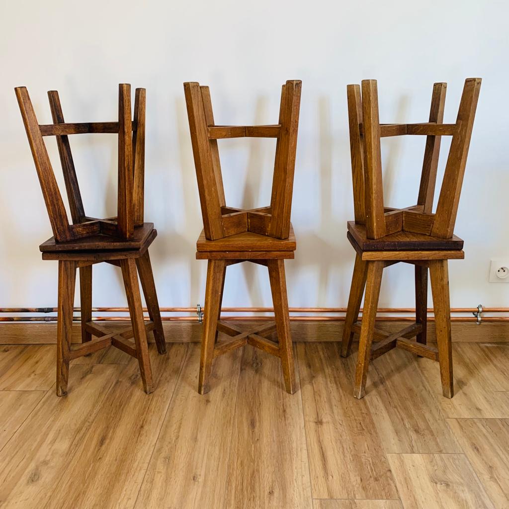 Set of 6 brutalist oak stools