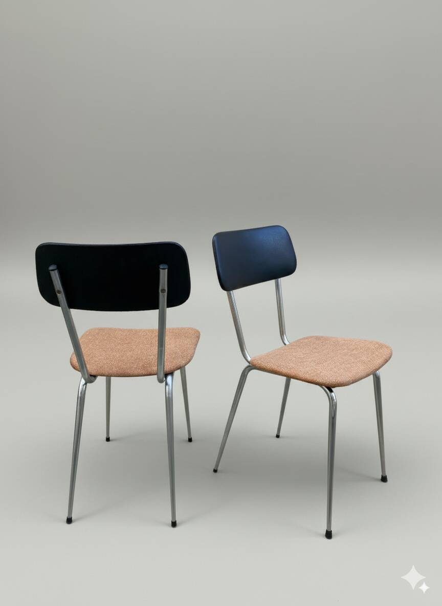 Pair of vintage chrome chairs, imitation leather & rust-orange cotton