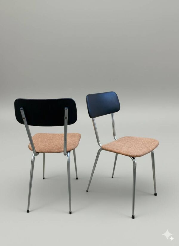 Paire de chaises vintage chrome, skaï & coton rouille orangé