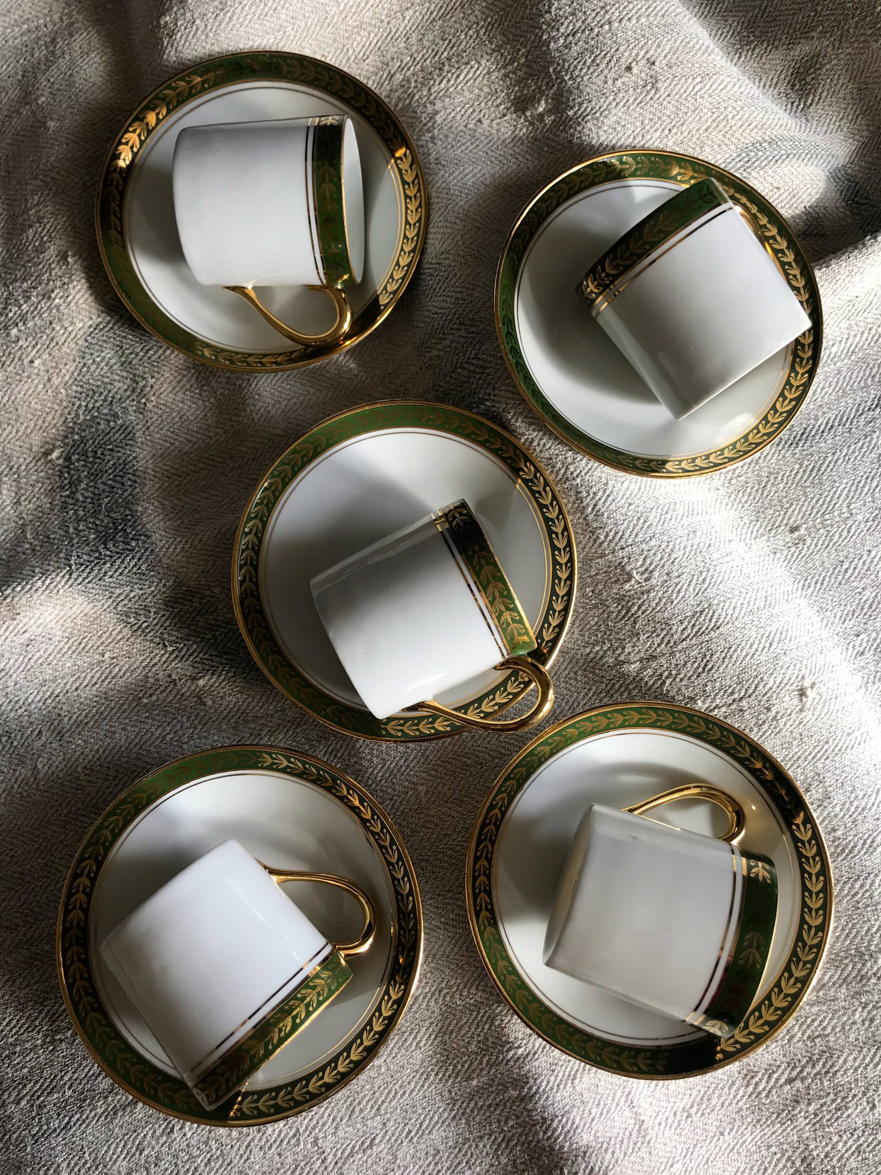 Vintage mocha set 5 coffee cups Napoleon porcelain white frieze green gold by hand