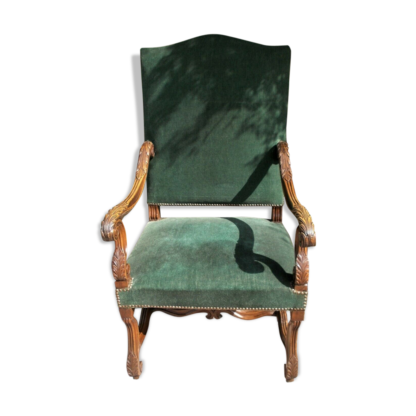 19th C Antique open armchair, Flemish,Carved Oak Detail, Velvet Upholstered