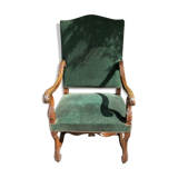 19th C Antique open armchair, Flemish,Carved Oak Detail, Velvet Upholstered