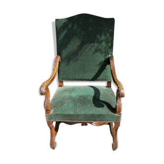 19th C Antique open armchair, Flemish,Carved Oak Detail, Velvet Upholstered