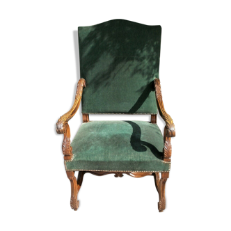 Fauteuil ouvert flamand détail en chêne sculpté velours rembourré