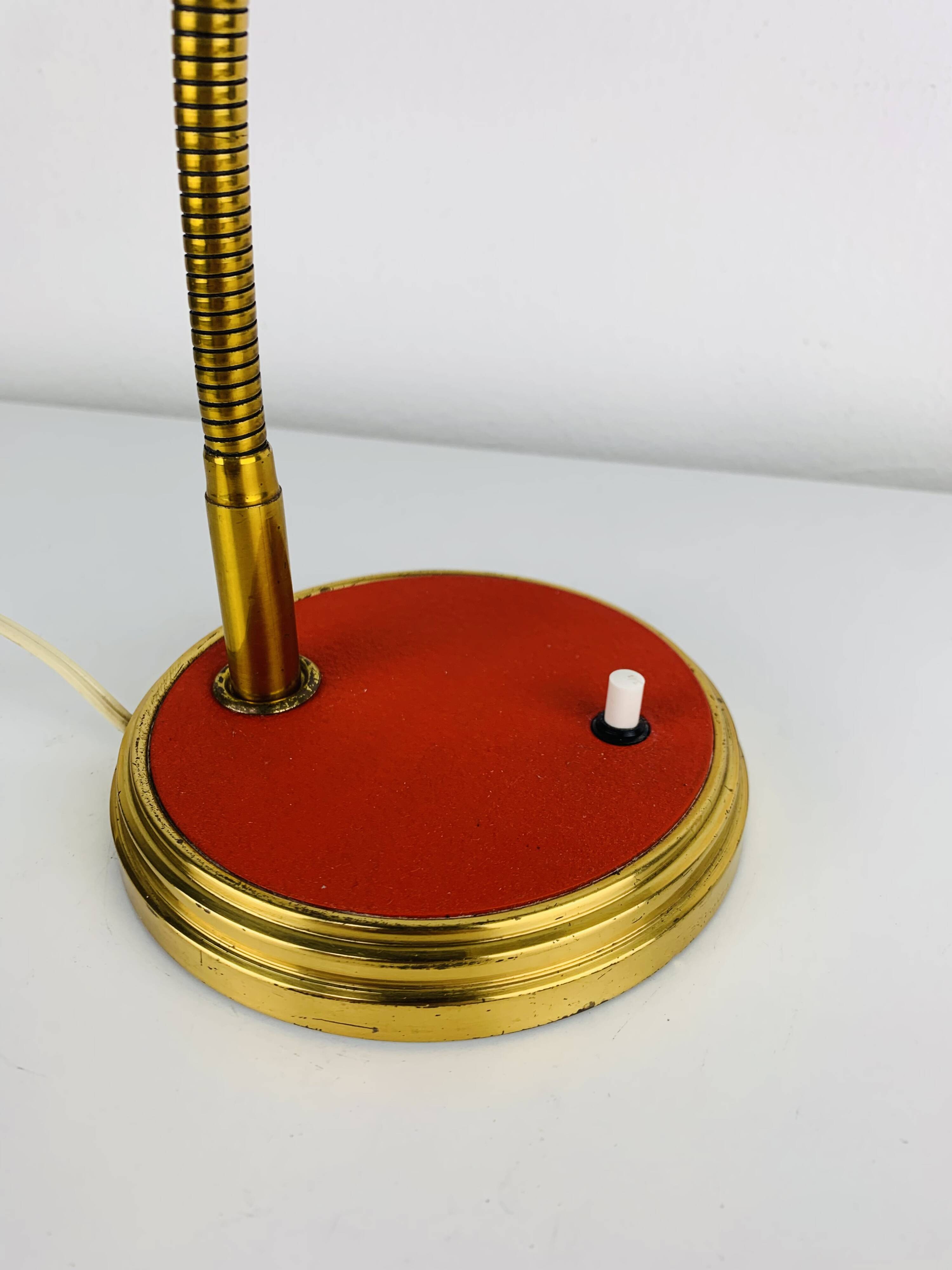 1950s desk lamp, red metal and brass