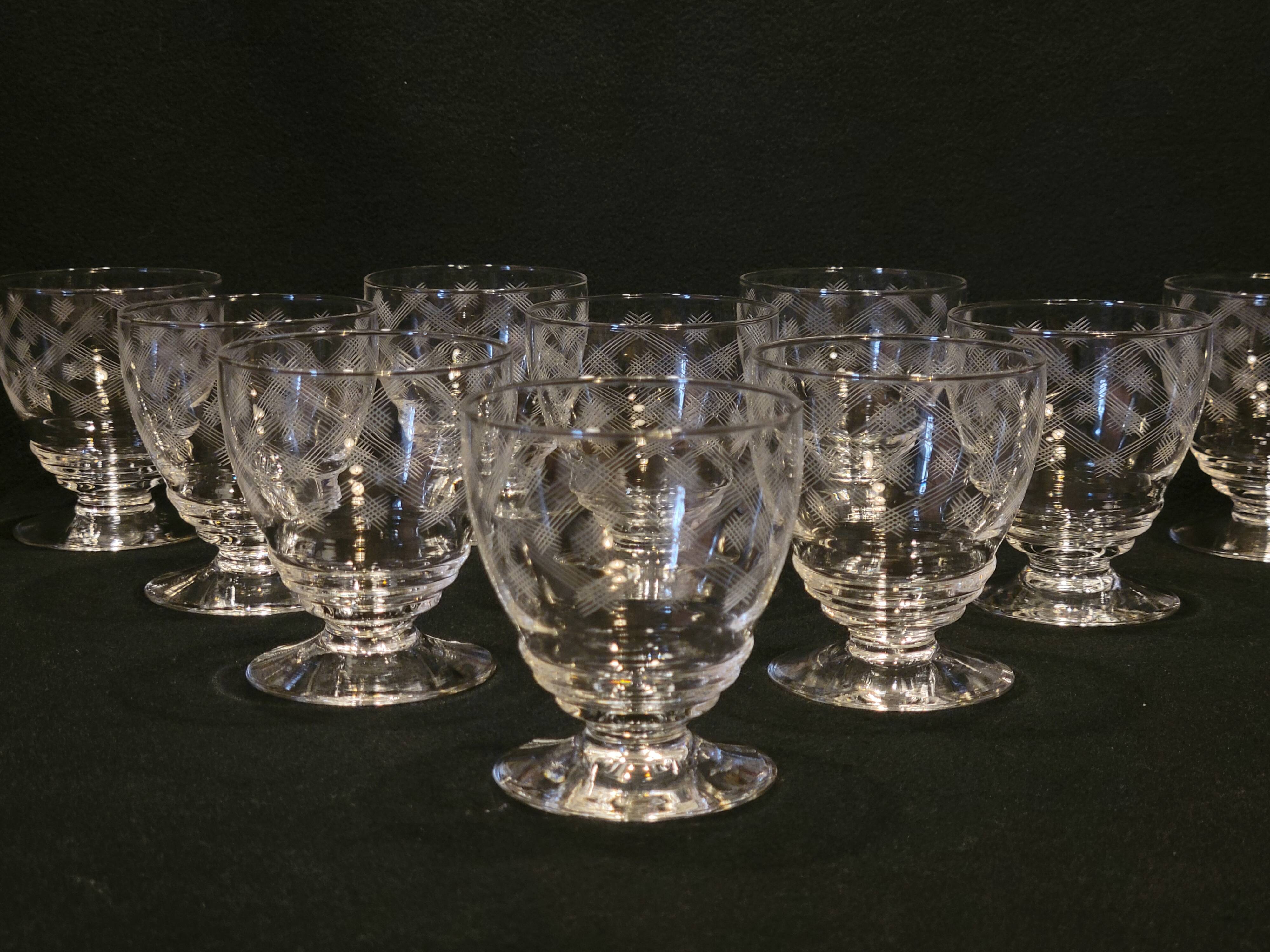 10 old port wine glasses in engraved art deco chiseled crystal