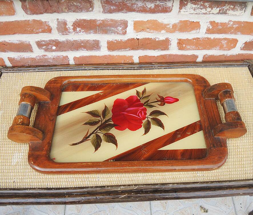 Vintage large Art Deco wooden tray – rose decoration
